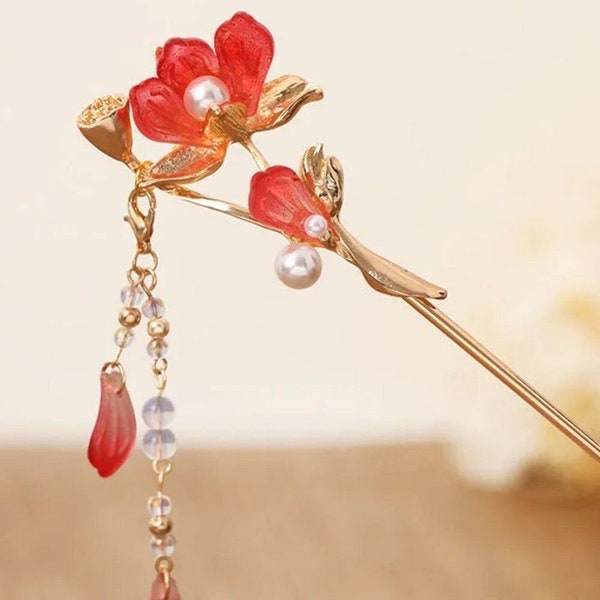 Handcrafted Oriental Red Lotus Golden Hairpin | Women Handmade Hair Style Accessories Traditional Hanfu Retro