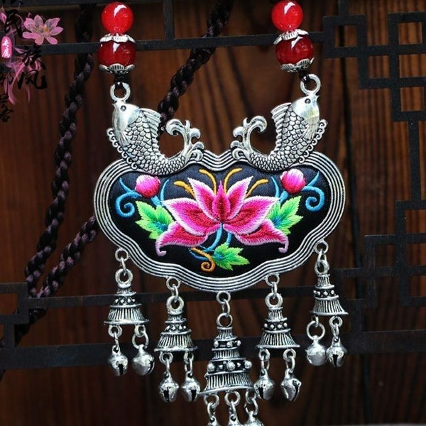 Miao Silver Pendant Necklace with Antique Floral Embroidery