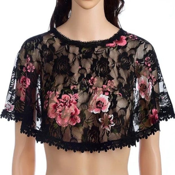 Debonair Floral Sheer Lace Capelet | Women Formal Retro Shoulder Wrap Shawl