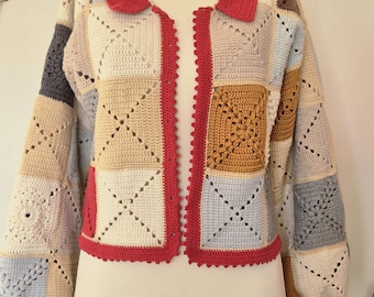 Padrão de Cardigan de Crochê em PDF, Jaqueta Quadrada de Patchwork para Vovó, Tutorial de Suéter para Download Digital, Cardigan Quadrado de Vovó Fácil (Tamanhos P a GG)