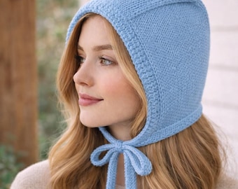 Knit Women’s Bonnet – Wool Winter Hood with Ties – Handmade Cottagecore Hat – Cozy Vintage Style Adult Bonnet