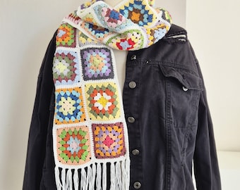 Ready to Ship-Crochet Granny Square Scarf with Fringe, Handmade Colorful Boho Shawl, Oversized Winter Festival Accessory, Unique Winter Gift