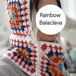 Vibrant Granny Square Crochet Balaclava, Retro Charm, Cozy Handmade Winter Hood, Bold Colors for Unique Winter Fashion, Rainbow Balaclava
