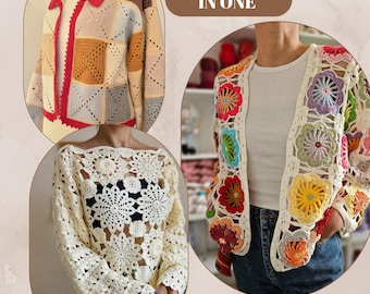 Crochet Cardigan & Sweater Pattern Bundle – Granny Square, Flower Motif (PDF)
