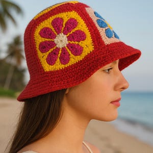 Handmade Crochet Bucket Hat, Colorful Granny Square Summer Sun Hat, Unisex Colorful Hat, Flower Hat, Handmade Festival Hat, Gift for Her