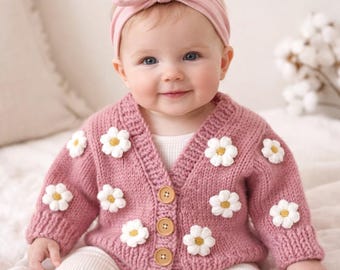 Flower Knit Cardigan for Girls, Hand Knitted Baby & Toddler Sweater, Pink or White, Daisy Cardigan, Handmade Kids Cardigan 0–6 Years