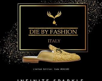 Infinite Sparkle, Men's Dress Up Leather Loafers, Women's Slippers, Slip-ons, Unisex, Handmade Shoe, Gold Mule, Summer, Spring, Leather Shoe