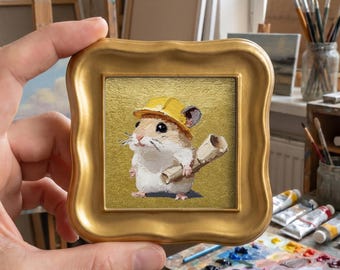 Hand Painted Builder Hamster Oil Painting, Original Mini Wall Art, Rustic Animal Decor, Framed Canvas