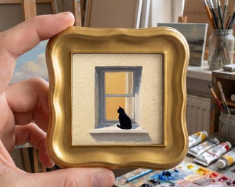 Cat at Warm Window Original Mini Oil Painting, Pet Portrait Wall Art, Office Wall Decor, Cat Owner  Gift