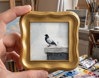 City Pigeon Original Oil Painting, Mini Framed Bird Art, Hand Painted Urban Decor