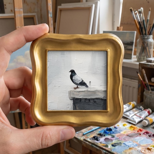 City Pigeon Original Oil Painting, Mini Framed Bird Art, Hand Painted Urban Decor
