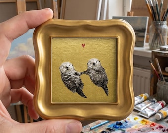 Otters Couple Gold Leaf Oil Painting, Original Mini Framed Animal Art, Gift for Her