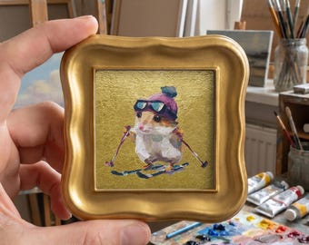 Mini Ski Hamster Original Oil Painting, Framed Winter Wall Art, Hand Painted Animal Canvas Decor