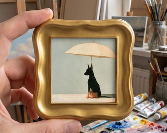 Hand Painted Umbrella Doberman Oil Painting, Original Mini Framed Art, Bedroom Decor