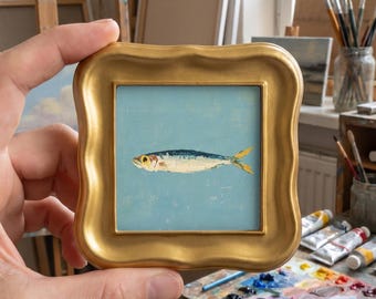 Natura morta con sardina blu, dipinto ad olio, opera d'arte originale a tema marino, mini tela incorniciata, regalo per gli amanti dei frutti di mare