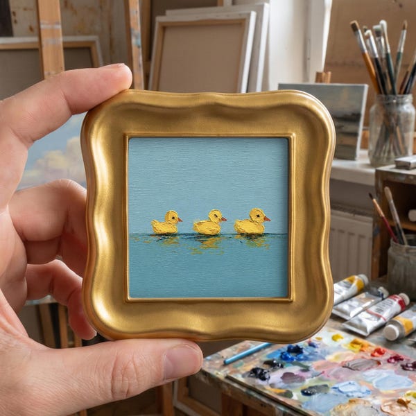 Three Ducklings Mini Oil Painting, Original Framed Wall Art, Hand Painted Ducklings, Bathroom Decor, Gift for Bird Lovers