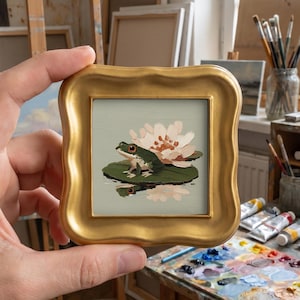 Pintura a óleo original de sapo e lótus, mini arte animal emoldurada, decoração de lagoa pintada à mão