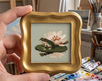 Frog and Lotus Original Oil Painting, Mini Framed Animal Art, Hand Painted Pond Decor