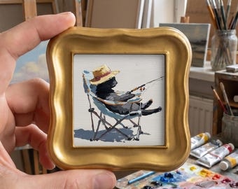 Fishing Cat Original Oil Painting, Mini Framed Animal Art, Hand Painted Canvas Decor, Gift for Cat Lovers