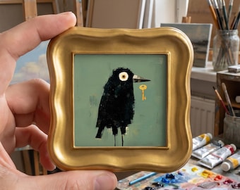Thief Crow Original Oil Painting, Mini Framed Bird Art, Hand Painted Canvas Decor, Gift for Bird Lovers