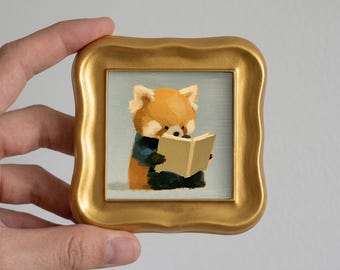 Bookish Red Panda Oil Painting, Original Mini Whimsical Animal Art with an Open Book, Reading Nook Decor