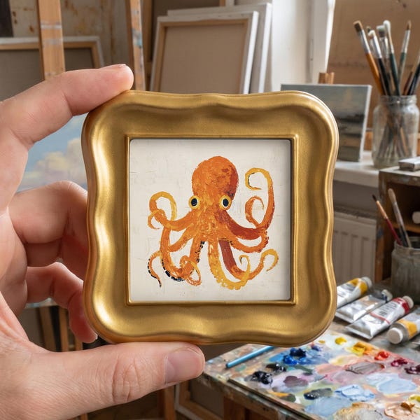 Orange Octopus Original Oil Painting, Mini Framed Marine Life Art, Hand Painted Coastal Decor, Gift for Ocean Lovers