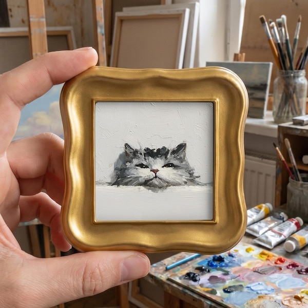 Grey White Cat Peeking Oil Painting, Mini Framed Canvas , Hand Painted Canvas, Bedroom Decor, Custom Pet Portrait, Gift for Cat Lovers