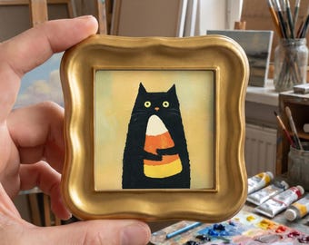 Candy Corn Cat Original Oil Painting, Hand Painted Canvas, Mini Framed Wall Art, Playful Fall Decor, Gift for Halloween Lovers