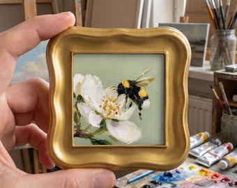 Bumblebee Bloom Original Oil Painting, Mini Framed Botanical Art, Hand Painted Floral Decor, Gift for Mother