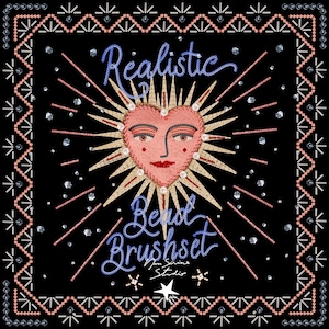May include: A black square design featuring a pink heart with a face, surrounded by gold rays and the text "Realistic Bead Brushset". The design includes a decorative border with pink, white, and silver accents.