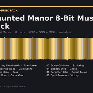 May include: A digital music pack titled Haunted Manor 8-Bit Music Pack featuring a yellow and white waveform graphic on a dark background. The text lists eight tracks including Creaking Floorboards, Dusty Corridors, and Spirit Release in WAV, OGG, and MIDI formats.