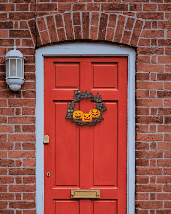 Halloween Wreath – Black Cats & Jack-O’-Lantern Pumpkins Door Decoration