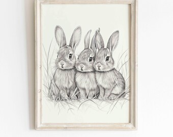 Vintage Easter Bunny Print, Printable Wall Art, Antique Rabbit Sketch Drawing, Rustic Easter Decor