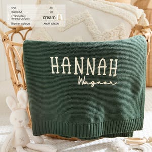 Può includere: Una coperta lavorata a maglia verde militare con il nome "HANNAH Wagner" ricamato con filo color crema. La coperta è piegata in un cesto di vimini, con un cuscino color crema e un coniglietto di peluche sullo sfondo.