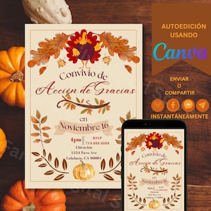 Plantilla de invitación de Acción de Gracias en español, diseño otoñal editable, descarga digital