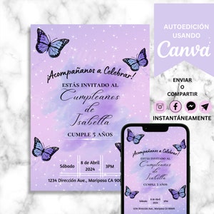 Spanish Butterfly Birthday Invitation Template, Spanish Invite, Mariposa Digital Invitacion, Español Invitacion Digital, Invitación Digital