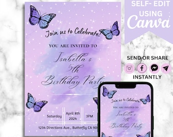 Butterfly Birthday Invitation Template: Editable Girl Party Invite (PDF File)