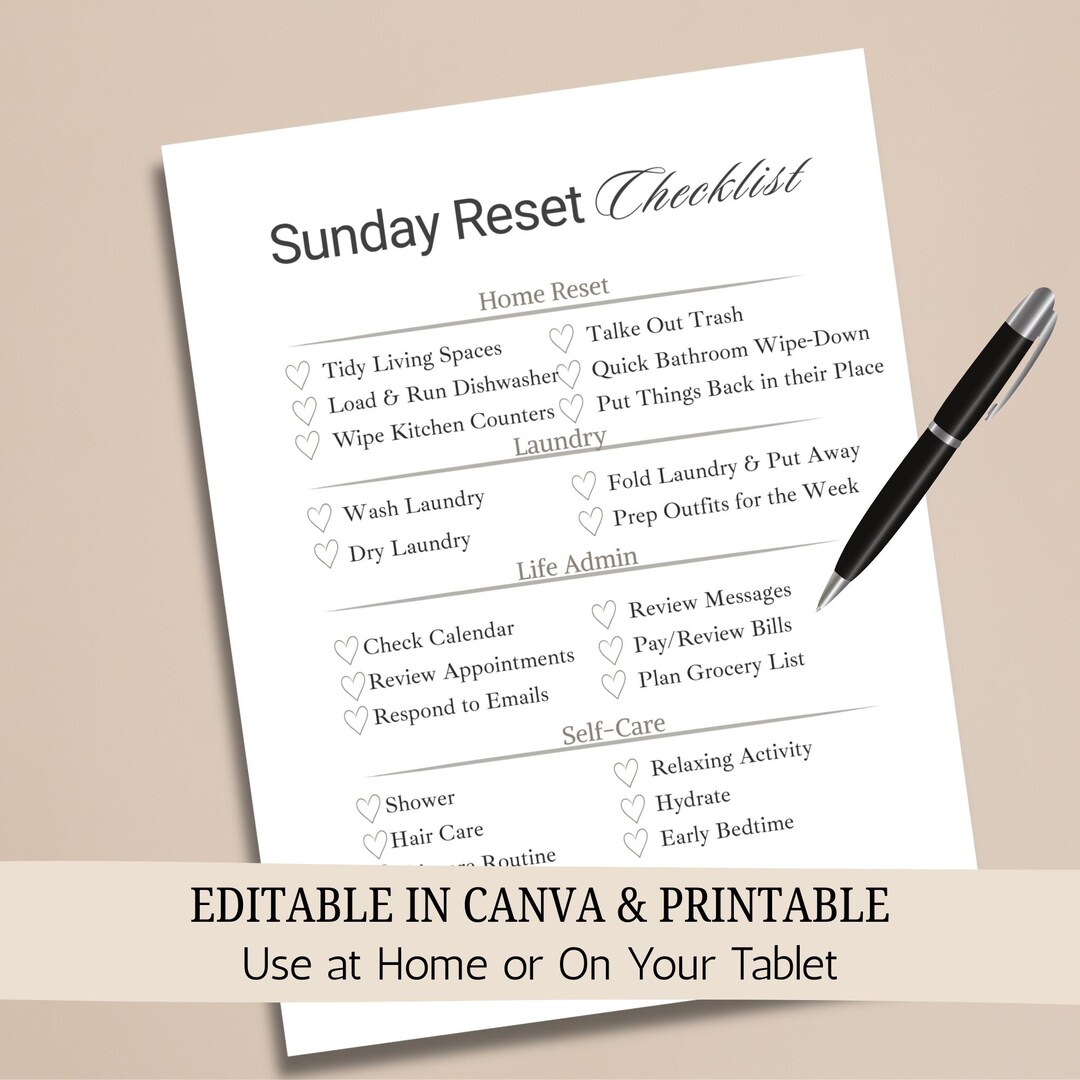 Sunday Reset Checklist.pdf Sunday Reset Checklist Chart | Weekly Routine Organizer | Printable ...