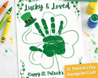 St Patrick's Day Handabdruck Handwerk bedruckbar, Glücksklee Handabdruck Kunst für Kinder, Vorschul-Kleinkind-Klassenzimmer Aktivität PDF