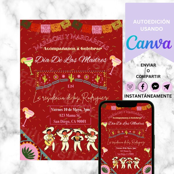 Invitación El Dia de Las Madres, Spanish Mother's Day Party Invitation Template, Mexican Mother's Day Invitation, Mariachi Invitation