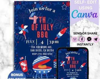 Editable 4th of July Invitation Template | Printable Fourth of July BBQ Invitation | Independence Day Invite | 4th of July BBQ Invite