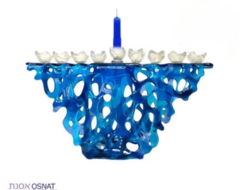 Blue  transparent fused glass Menorah