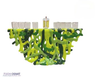 Elegant Fused Glass Menorah with Vibrant Green Shades and an oil can