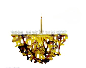 Handmade Fused Glass Menorah in Yellow and Brown