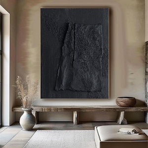 Grand art texturé 3D noir Art mural texturé noir Peinture abstraite noire Peinture abstraite minimaliste noire Art mural 3D minimaliste noir