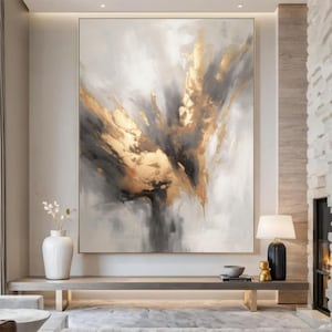Large Original Grey Beige Gold foil abstract Painting For Living Room Contemporary Paintings,Beige Grey Painting, Oversized Scandinavian Art