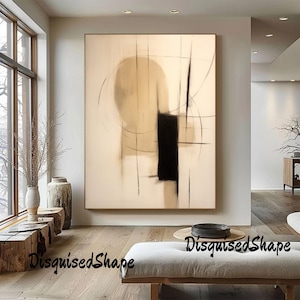 Beige Abstract Canvas Painting: Black Minimalist Wabi Sabi Wall Art