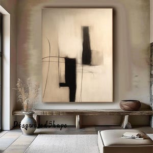 Large Beige Abstract Painting: Black Minimalist Canvas Art