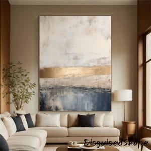 Extra Large Beige Abstract Landscape Painting, Modern Boho Living Room Art, Large Canvas Wall Art, Beige Blue Painting For Home Decor
