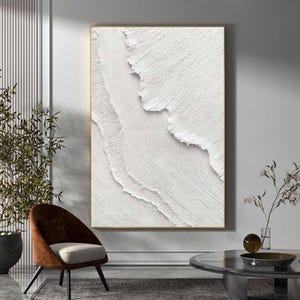 Tableau 3D minimaliste blanc sur la plage, art mural texturé, peinture vagues de l'océan sur toile, art mural wabi-sabi, peinture de salon, décoration de mode